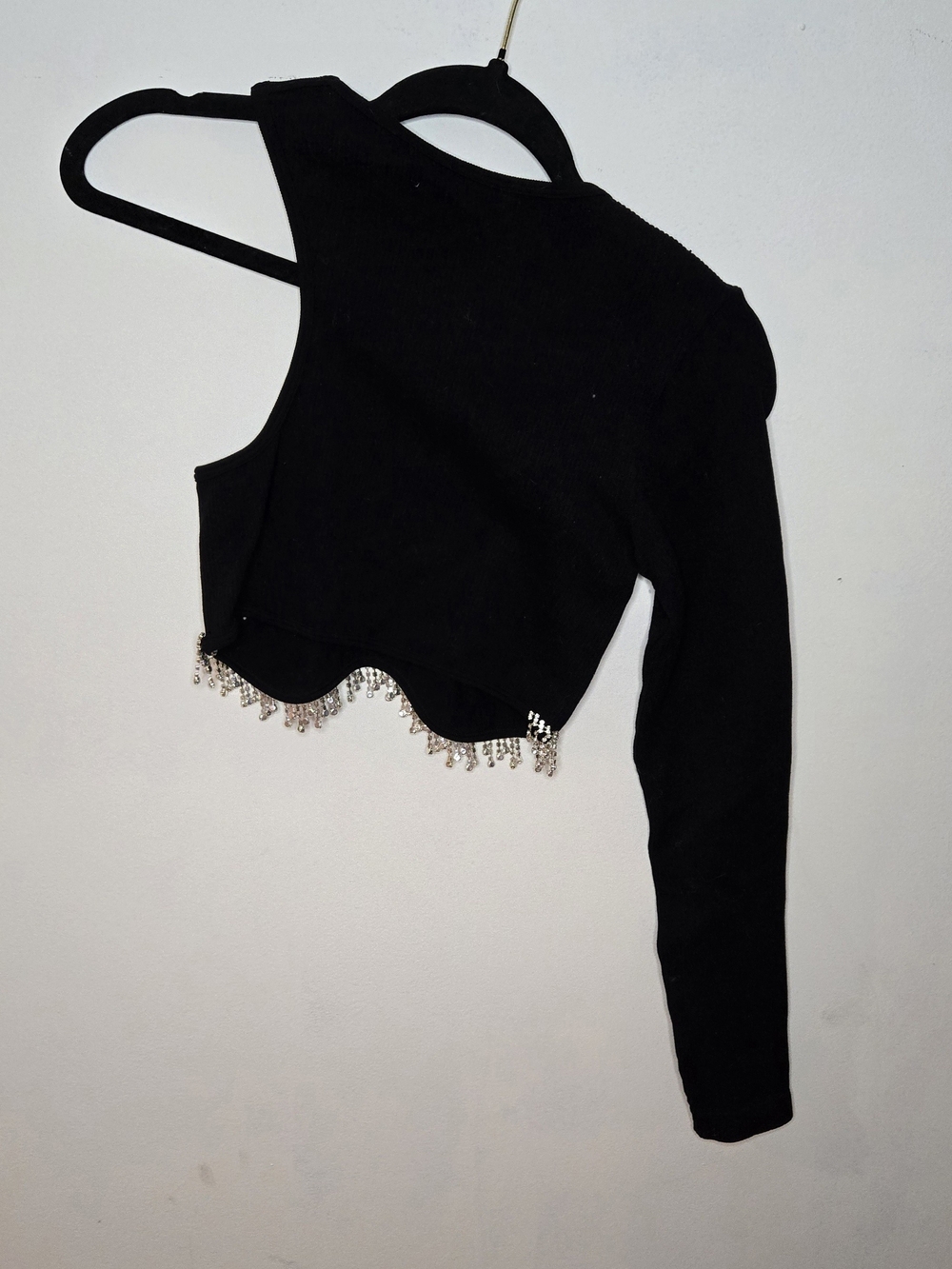 Black One-Shoulder Crop Top with Beaded Fringe